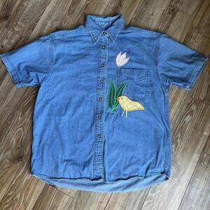 Vintage 90s Sun Belt Denim Shirt Easter, Grannycore, Cottage, Embroidered Medium